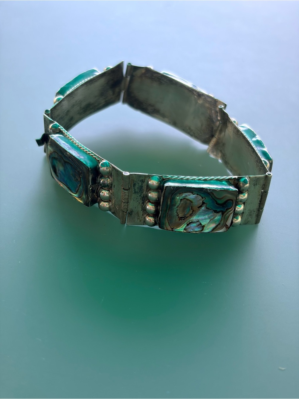 Sterling Abalone Inlay Panel Bracelet in Teal-Green Made in Mexico